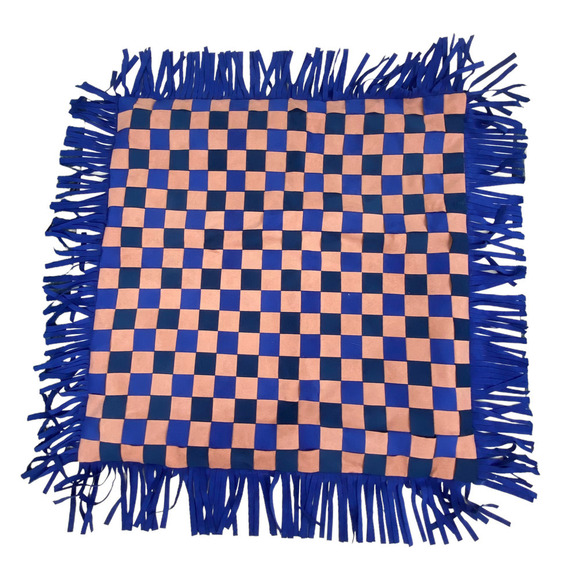Checkerboard Maximalist Blue Pink Fringe Faux Suede Pillow Sham - Picture 1 of 3